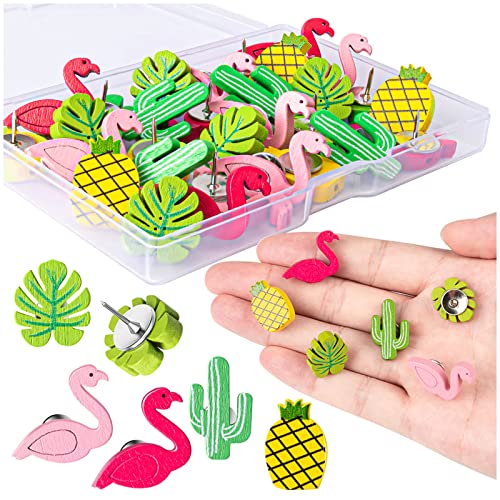 30Pcs Wooden Push Pins, Decorative Push Pins Include Flamingo Pineapple Cactus Palm Leaf, Cute Push Pins For Photos Wall, Maps, Bulletin Board, Cork Boards #TOP4