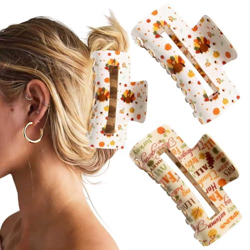 2Pcs Thanksgiving Hair Claw Clips for Women Acrylic Fall Hair Clips Shark Clip Autumn Maple Leaf Pumpkin Hair Accessories Strong Grip Pine Cones Turkey Hair Barrettes for Holiday Hair Decoration