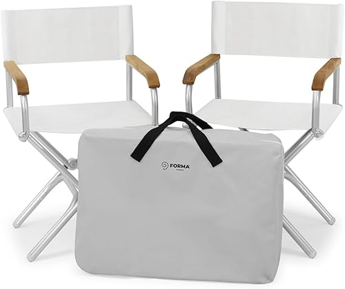FORMA MARINE - JUEGO DE 2 Sillas de aluminio plegables de alta gama para barcos de vinilo blanco con reposabrazos de teca, incluye bolsa protectora