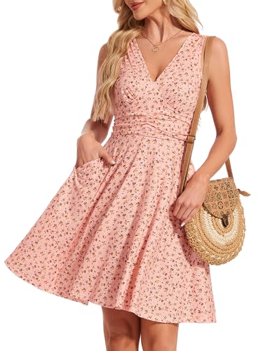 Image of Women's Spring Floral Sundress Sexy V Neck Sleeveless Ruffle Flowy Tank Short Summer Dress with Pockets
