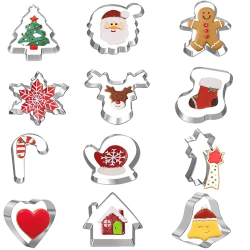 Cortadores de bolachas de Natal, moldes de bolachas de 12 peças, mini cortador de bolachas Natal, moldes para bolachas, moldes de bolachas infantis de Natal (Natal)