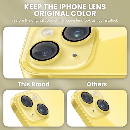 Image of ArmourPro Camera Lens Protectors for iPhone 14 Plus and iPhone 14 Tough HD Individual Aluminum Alloy Lens Ring Cover, Scratch Resistant, Thin Tempered Glass| Yellow, 1 Pack