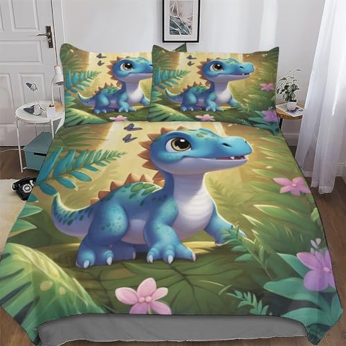 DCCCY Ropa de cama con diseño de dinosaurios, ropa de cama cómoda, funda nórdica de microfibra, para niños y niñas, 3 piezas, funda nórdica + funda de almohada King (220 x 240 cm)