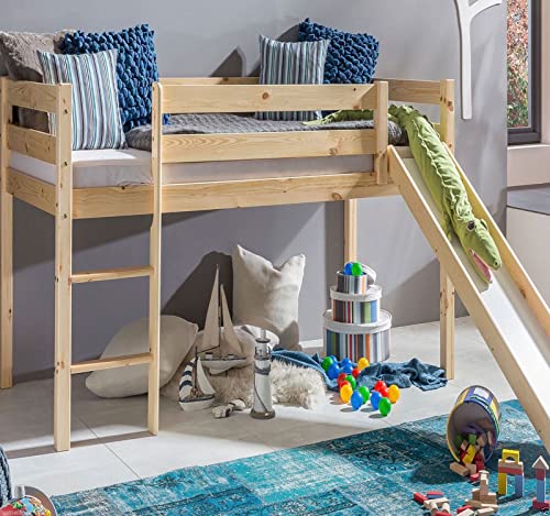 Kinderbett Hochbett mit rutsche Leiter Hochbett Spielbett Kiefer Massiv weiss oder Unbehandelt (Weiss) - 2