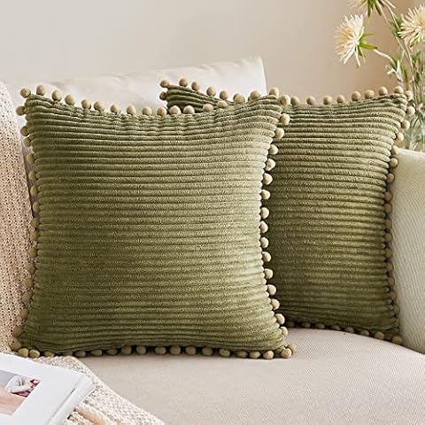 ANRODUO Pack of 2 Throw Pillow Covers with Pom-poms Corduroy Cushion Case 16x16 Cute and Soft Boho Throw Pillow Covers Decorative Pillows Covers for Couch Sofa Bed and Living Room Olive Green Cover