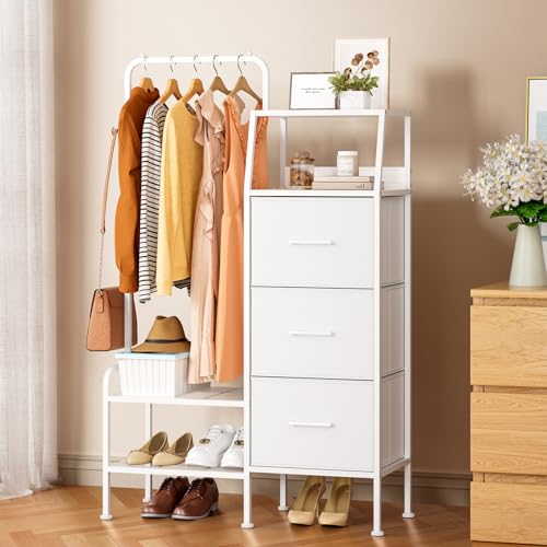 SWTYMIKI Dresser with Hanging Rack - 3 Fabric Drawers Kids Dresser for Bedroom - Reversible Tall Storage Tower, Small Space Clothes Storage Organizer Cabinet for Apartment, Dorm 49.21''H, White