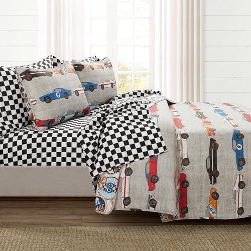 Lush Decor Race Car Kids' 5-Piece Oversized Quilt Bed Set, Reversible Bedding Set for Boys, Blue & Orange, Twin