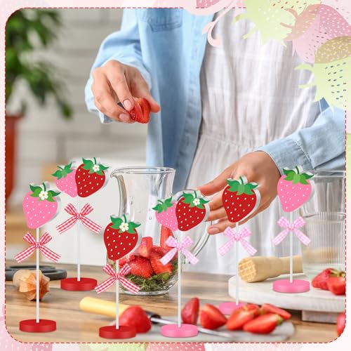 Image of Briwooody 6 Pcs Strawberry Table Decorations Wooden Strawberry Centerpieces for Berry First Birthday Strawberries Baby Shower Summer Party Farmhouse Table Decor Red and Pink Standing Signs
