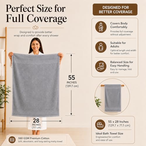 Image of 100% Pure Cotton Bath Towel for Men & Women | 380 GSM Ultra Soft, Highly Absorbent & Quick Dry Bath Towel | Large 55 x 28 Inch Matty Terry Towel for Bathroom, Gym, Travel & Daily Use | Light Grey