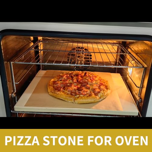 Rectangular Pizza Stone 4 Sets,12\"x15\"x0.59\"(OAK) Pizza Stone for Oven and Grill with Bamboo Pizza Peel, Pizza Cutter and 10pcs Cooking Paper,Grill Stone Baking Stone for Bread,BBQ,Grill