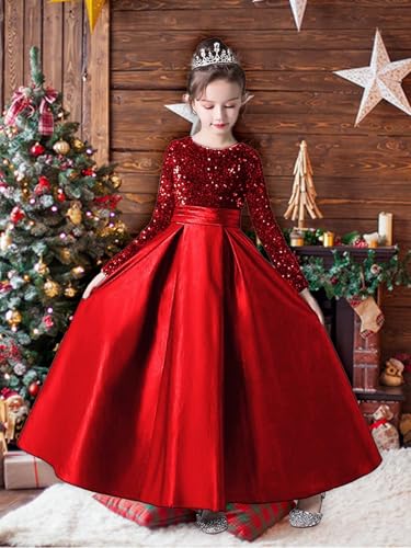 dideyttawl Long Sleeves Flower Girls Dress Christmas Satin Sequins Dress Big Bow Formal Party Dress 5032