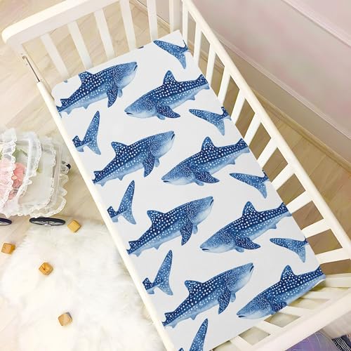 Image of Ocean Whale Sharks White Crib Sheets Soft Breathable Fitted Baby Crib Sheets Mattress Cover for Girls Boys, 52 inch x 28 inch x 9 inch