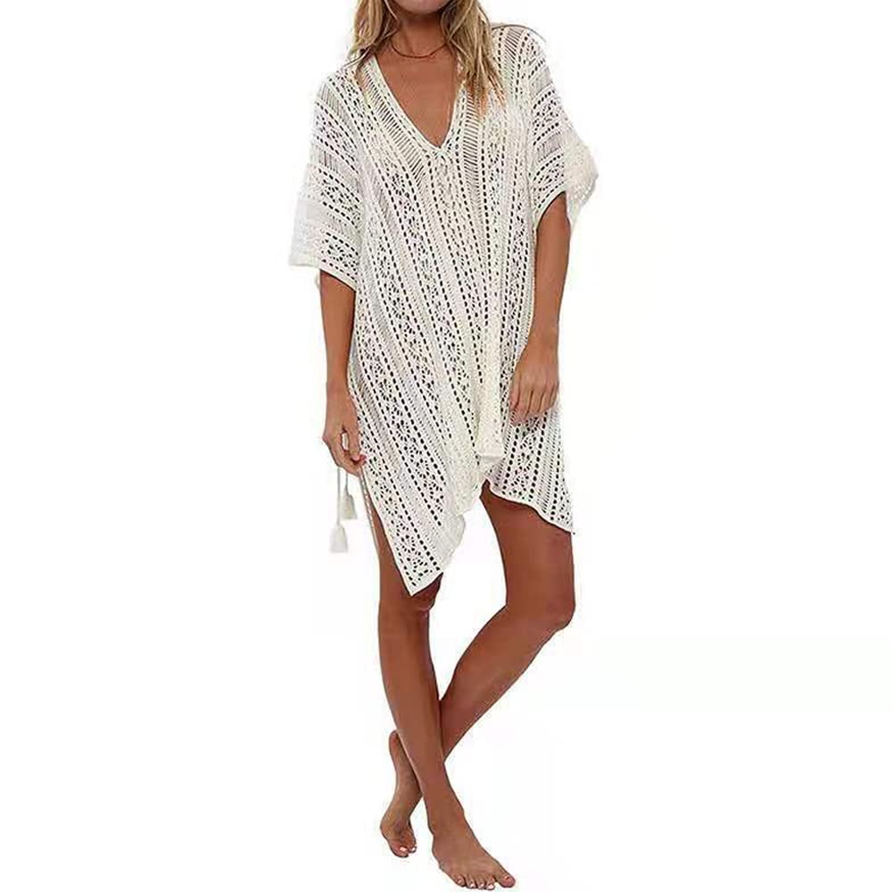 MeeQeeWomen's Knitted Beach Dress Summer Swimsuit Beach Tunic Swimsuit V-Neck Bikini Cover Up Sexy Cutout Crochet Beachwear
