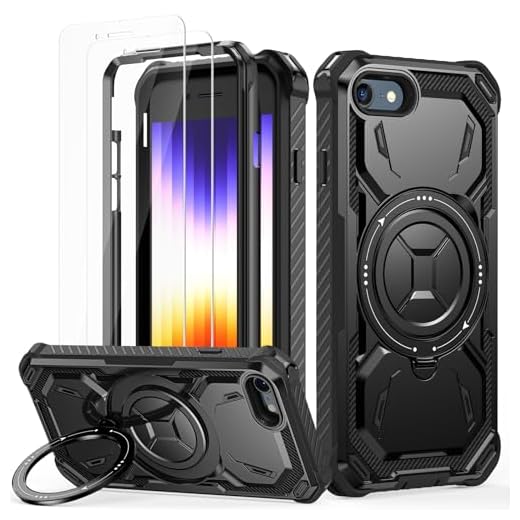 Lanhiem Coque pour iPhone SE 2022/2020, Coque pour iPhone 8/7 avec 2 Verre Trempé, Antichoc Étui de Militaire Protection, Anneau Support Renforcée Armure Coque pour iPhone SE 2022/SE 2020/8/7, Noir