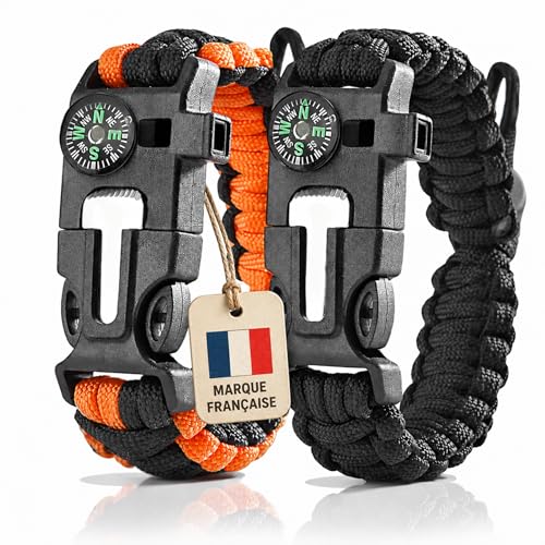 Wolf Survival – Lote de 2 pulseras de supervivencia paracord 5 en 1, pulsera de supervivencia para hombre, color negro y naranja, encendedor de fuego, supervivencia piedra a fuego, silbato, brújula