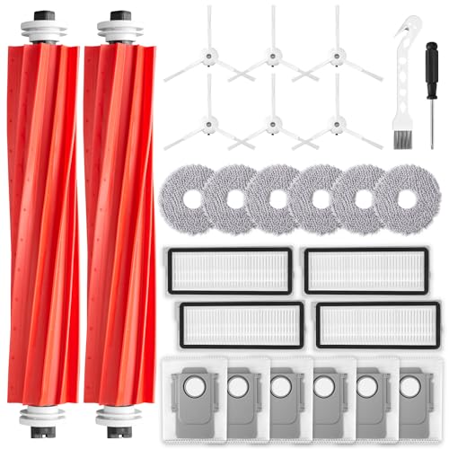 EOVWAEO 26 Stück Zubehörset für Roborock Qrevo S/Qrevo Pro/Qrevo Maxv Saugroboter Ersatzubehör 2 Hauptbürste 6 Wischpad 6 Staubbeutel 6 Seitenbürste 4 Filter 1 Reinigungsbürste 1 Schraubendreher