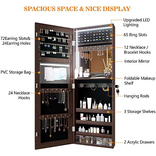 Jajov Led Light Mirror Jewelry Cabinet, Wall Mounted/Door Hanging Lockable Jewelry Organizer Armoire, Full Length Mirror With Storage, Makeup Tray, 2 Acrylic Drawers, Built-In Makeup Mirror(Brown) #TOP4