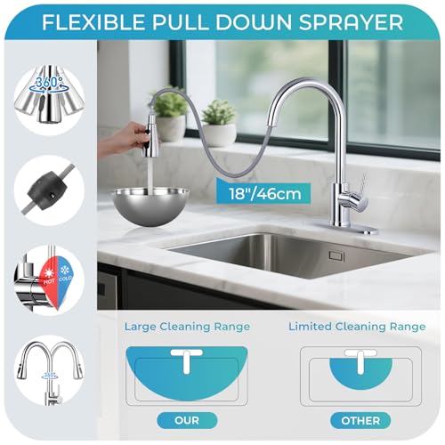 Image of Kitchen Faucet with Pull Down Sprayer - Polished Chrome Single Handle Kitchen Faucets, High Arc Stainless Steel Pull Out Kitchen Sink Faucet with Deck for RV Laundry Farmhouse Bar