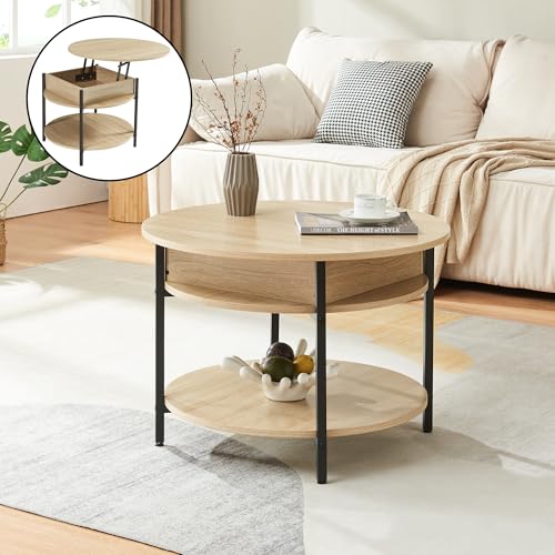 [en.casa] Table Basse Ronde Transformable avec Plateau Relevable et Compartiment de Rangement Intérieur Table d'Appoint Moderne Stable Salon Panneau de...
