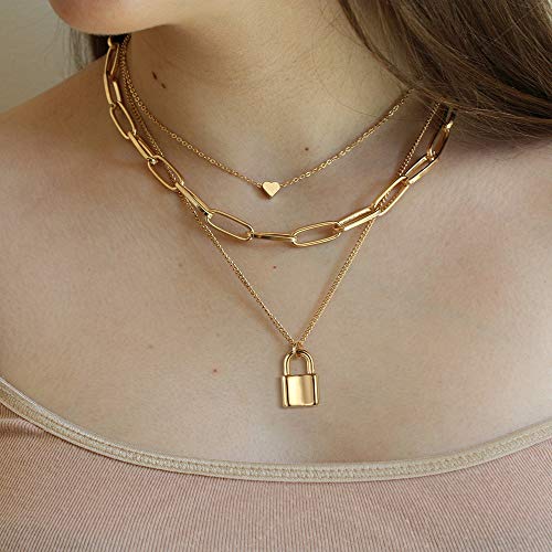 image for Turandoss Layered Lock Necklace for Women, Layered Heart Lock Necklace