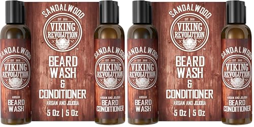 Viking Revolution Juego Champú y Acondicionador Para Barba con Aceites de Argán y Jojoba - Champú Barba de Hombre que Suaviza y Fortalece - Aroma Natural de Sándalo (2 x 150 ml) (Paquete de 2)