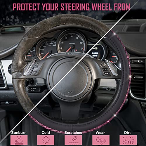 Image of CAR PASS Bling Diamond Leather Steering Wheel Cover, Bling Sparkly Crystal Glitter Rhinestones Universal Fit 14 inch 1 /2-15 inch Car Wheel Protect for Women Girl Fit Suvs,Vans,Sedans,Cars,Trucks, Pink Black