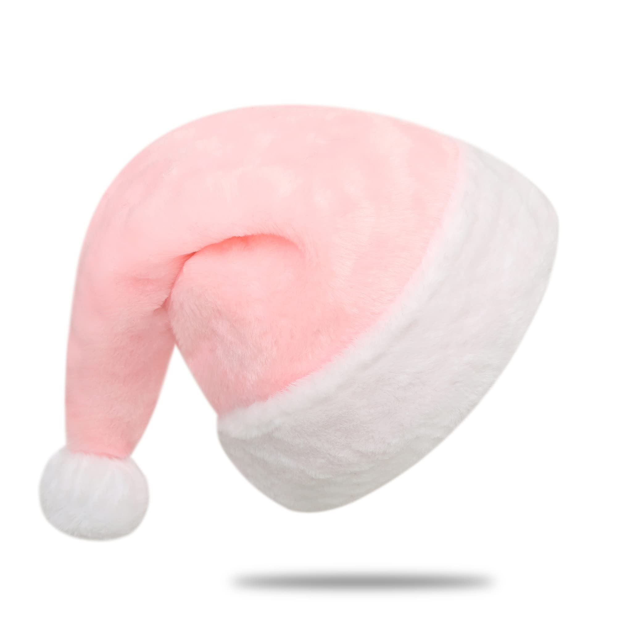 Chisander Santa Hats, Christmas Hat for Adults, Unisex Pink Plush with White Cuffs Fabric Xmas Hat for Christmas New Year Festive Party Supplies