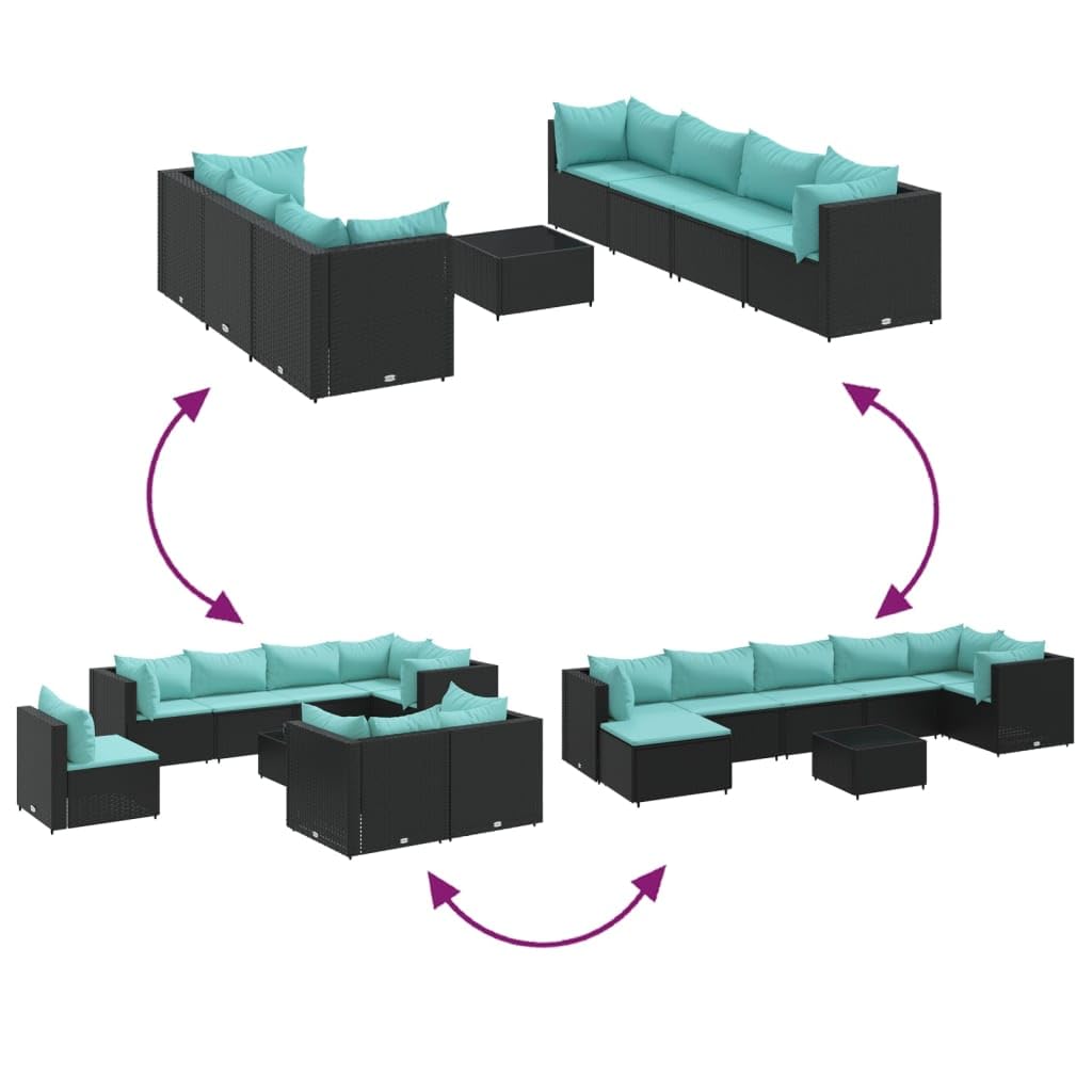 Makastle Salon de Jardin 8 pcs Résine Tressée Noir avec Coussins