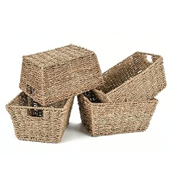Woodluv Seagrass Woven Wicker Shelf Storage Basket Set, Display Gift Hampers, Set of 4 Handwoven Multi-Purpose Shelves Storage Baskets W/Handles for Bedroom & Home Office