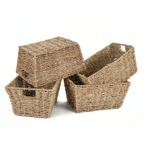 Woodluv Seagrass Woven Wicker Shelf Storage Basket Set Display Gift Hampers Set of 4 Handwoven Multi-Purpose Shelves Storage Baskets W/Handles for Bedroom & Home Office