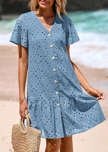 Image of KIRUNDO Eyelet Dresses for Women Button Down Mini Babydoll | 2026 Summer Short Sleeve Boho Sundress, Loose Fit V Neck Short Dress With Pockets, A Line, Cruise Beach Vacation Outfits