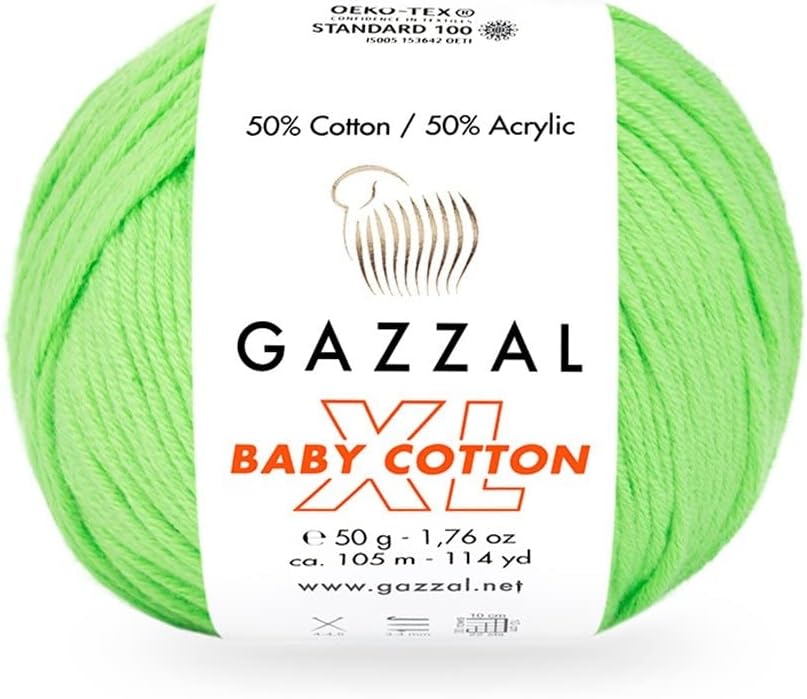 2 Pack (Skein) Gazzal Baby Cotton XL, 50% Soft Cotton 50% Acrylic, Each Ball 1.76 Oz (50g) / 114 Yards (105m), DK- Worsted, Knitting Yarn, Amigurumi Yarn, Baby Yarn, 3427