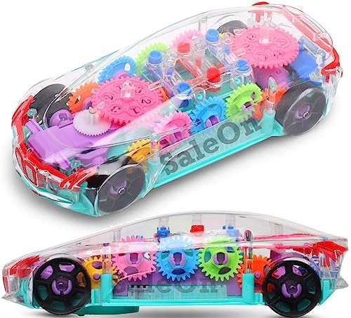 SaleOn Automatic 360 Degree Rotating 3D Plastic Car with Lights and Sound Electric Toy Car Universal Gear Mechanical Concept Colorful Light Simulation Model Toys for Kids (Transparent)