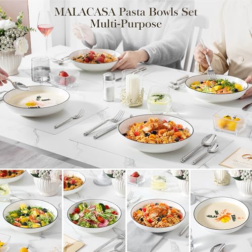 Image of MALACASA 8.85 inch Large Pasta Bowls, 42 OZ White Salad Bowls Soup Bowls, Porcelain Serving Bowls Set of 4, Ivory White & Black Rim, Microwave & Dishwasher Safe, Series REGULAR