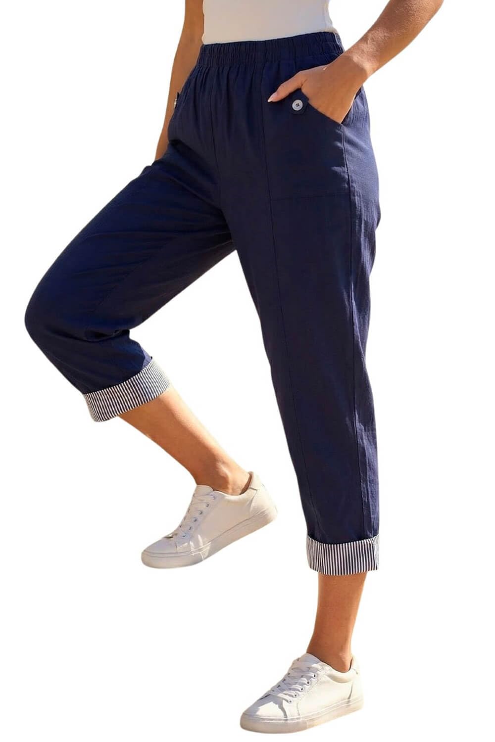 Roman Women's Navy Contrast Detail Cropped Stretch Trouser Size 10