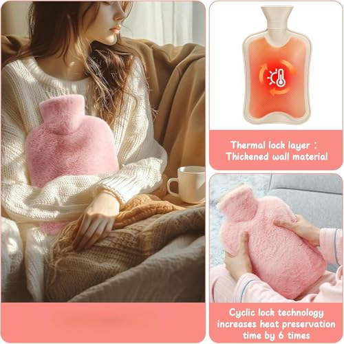 Image of Hot Water Bag with Plush Fur Cover 1 Litre | Medical Grade & Leak-Proof Heating Pad for Pain Relief & Cramps | Hot & Cold Compress for Swelling, Neck, Back, Shoulder, Joint & Menstrual Care (Pastel Pink)