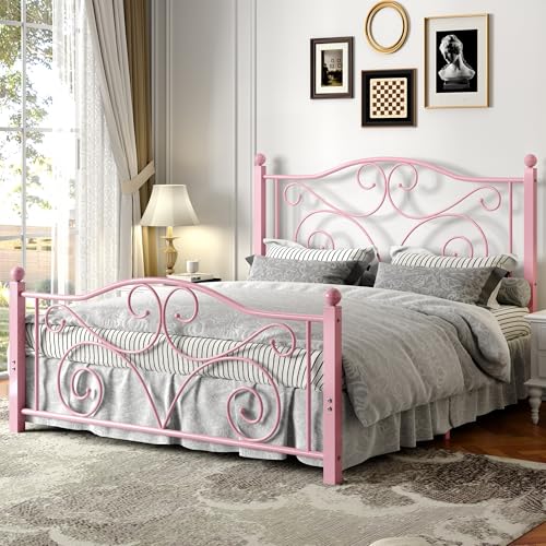 Image of VECELO Full Size Bed Frame with Headboard and Footboard, Heavy Duty Metal Slat Support, Platform Mattress Foundation, No Box Spring Needed, Easy Assembly, Light&Pink