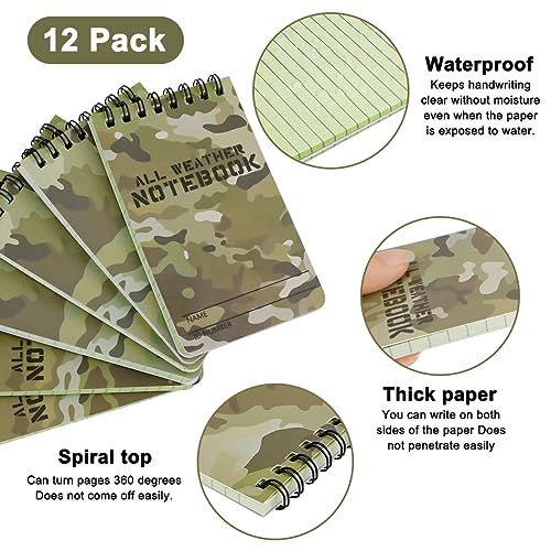 IBEQUEM 12 Stück Pocket Wasserdichte Notizblock, A7 Allwetter-Notizbuch mit Top-Spirale, 3 x 5 Zoll Mini-Spiral-Notizbücher für Outdoor-Aktivitäten, Aufnahme und taktische Tasche (Camouflage)