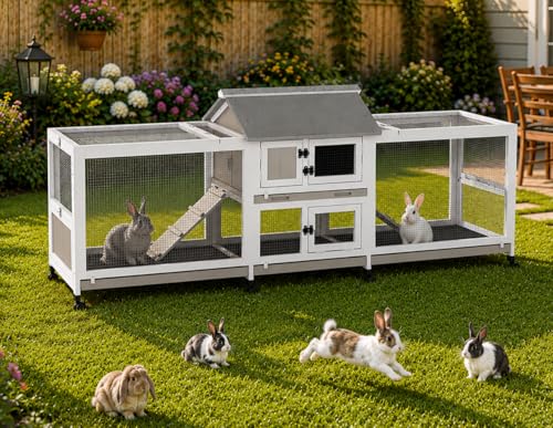 Extra Large 2-Story Rabbit Hutch Indoor and Outdoor with Dual Run Areas for 2-6 Rabbits & Guinea Pig Wooden Bunny Hutch with 4 Pull-Out Trays 2 Chew-Proof Ramps Asphalt Roof 8 Lockable Wheels