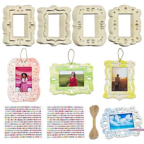 KitsyKraft DIY Wooden Photo Frame Craft Kit - 24 Pcs Unfinished Frames, 2 Rhinestone Sheets & 10m Twine for Personalized Home Decor