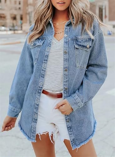 The Beauty North Denim Jacket, Denim Jacket for Women, Womens Oversized Button up Frayed Hem Shacket2