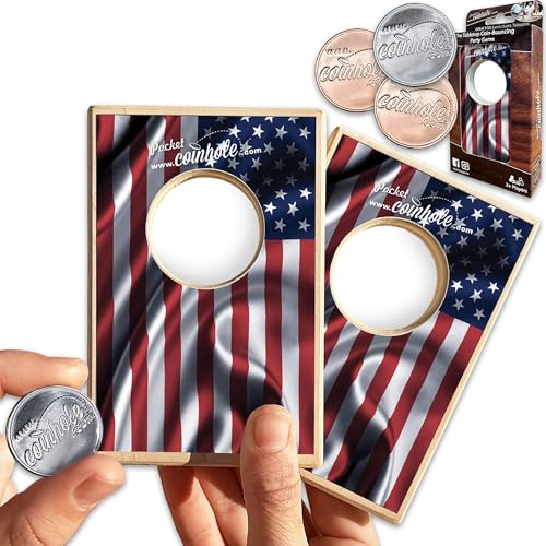 Coinhole Desktop Coin Bouncing Party Game Set | Tabletop Cornhole Board Game | Small Cornhole Travel Game Includes Coins (Pocket Size American Flag)