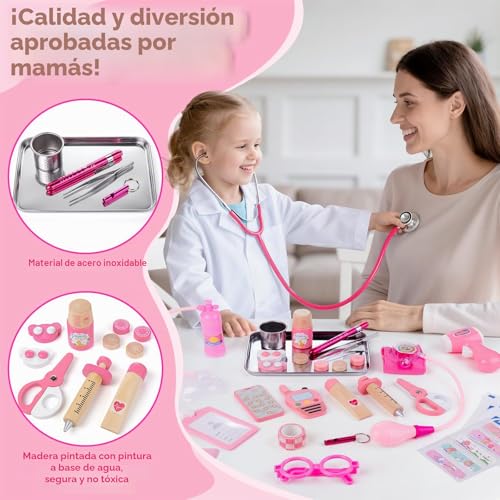 Miniatura 2 de Sundaymot Maletin Medicos Juguete, 35 Piezas Madera Doctora Juguete Con Estetoscopio Real, Bata, Cilindro De Oxígeno, Termómetro Y Jeringa, Juguete Educativo Para Niños De 3 Años