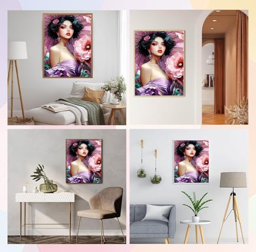 Image of QENSPE Diamond Painting Art Kits for Adults, DIY Pink Flowers Full Drill Diamond Art Kit for Beginners, 5D Beautiful Woman Round Diamond Dots Paintings Gem Art Crafts Home Wall Decor Gifts 30x40cm