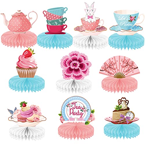 10 Pieces Floral Tea Party Supplies Let's Par Tea Party Honeycomb Centerpieces for Tables Decorations Tea Party Theme Table Topper Decorations for Birthday Baby Shower Bridal Shower Girls Party Suplies