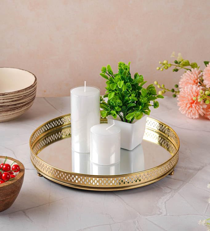 Image of Brass Glass Vanity Tray Metal Gold Plated Serving Plate Decorative Dresser Organiser for Home and Kitchen Dia 10 Height 1.5 inches