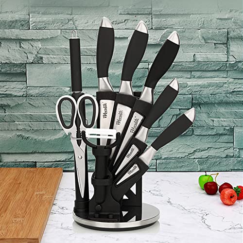 Knife Set For Kitchen, Retrosohoo 9-Pieces Ultra Sharp Chef Knife Set With Rotatable Stand, Non-Stick Stainless Steel Cooking Knife Set With Sharpener For Cutting Slicing Chopping Dicing (Black) #TOP5