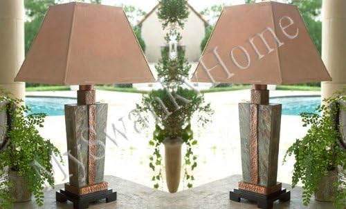 Gorgeous SLATE STONE and COPPER Table LAMP Indoor Outdoor PAIR