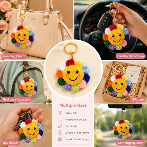 Image of Handmade Crochet Sunflower Keychain for Women & Girls, Cute Yellow Flower Key Ring Charm, Soft Yarn Knitted Gift, Bag Charm, Car Key Holder, Aesthetic Handmade Floral Accessory