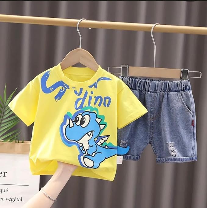 Image of SHREE SHYAM TEXTILE Cotton Kids Dress, Printed Half Sleeves T-Shirt with Denim Shorts Set